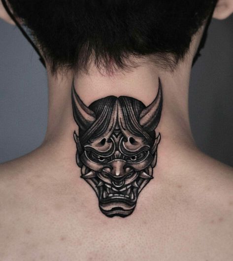 Oni Tattoo Chest, In Front Of Ear Tattoo Men, Small Oni Tattoo, Oni Mask Tattoo Shoulder, Japanese Neck Tattoo Men, Django Tattoo, Demon Head Tattoo, Hanya Mask Tattoo Design, Japanese Neck Tattoo