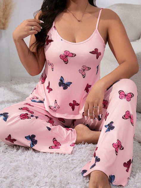 Pink Casual-Young Collar Sleeveless  Butterfly Pant Sets Embellished Medium Stretch All Women Plus Sleep & Lounge Plus Size Y2k, Butterfly Pants, Loungewear Outfits, Plus Size Pajamas, Pant Sets, Makeup Makeover, Pajama Sets, Pj Sets, Sleepwear Women