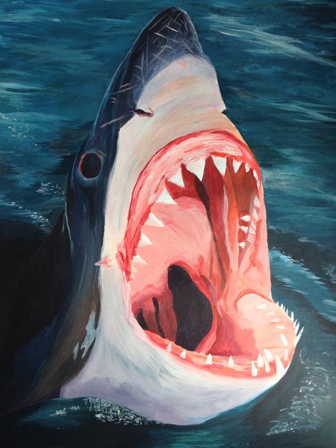 In honor of shark week! I should do an acrylic shark painting, that'd be something to do on my overnights at least lol Great White Shark Painting Acrylic, Shark Underwater Painting, Shark Wall Painting, Great White Shark Painting, Shark Painting Acrylic Easy, Great White Shark Art, Shark Painting Ideas, Shark Art For Kids, Jaws Painting