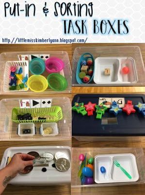 put-in and sorting task boxes / work boxes / independent work Sorting Task Boxes, Work Boxes Special Education, Task Box Ideas, Task Boxes Preschool, Task Boxes For Special Education, Teacch Activities, Independent Work Tasks, Teacch Tasks, Vocational Tasks