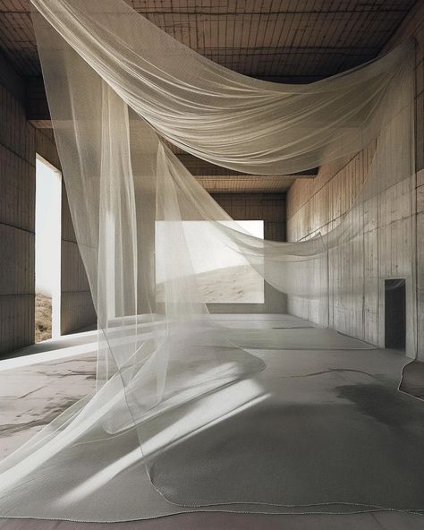 Art Gallery Installation, Air Architecture, Flowing Architecture, Fabric Architecture, Textile Architecture, Fabric Installation Art, Cloth Installation Art, Ethereal Installation, Projection On Fabric Installation