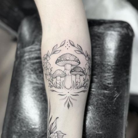 Dotwork Mushroom Tattoo, Fairy Mushrooms Tattoo, 3 Mushroom Tattoo, Detailed Mushroom Tattoo, Mushroom And Leaves Tattoo, Merry Mushroom Tattoo, Mushroom Cluster Tattoo, Mushroom Pinup Tattoo, Amanita Muscaria Tattoo