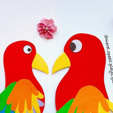 Handprint Parrot, Diy With Kids, Parrot Craft, Sensory Crafts, Coloured Paper, Handprint Crafts, Glitter Stickers, Googly Eyes, Different Colours