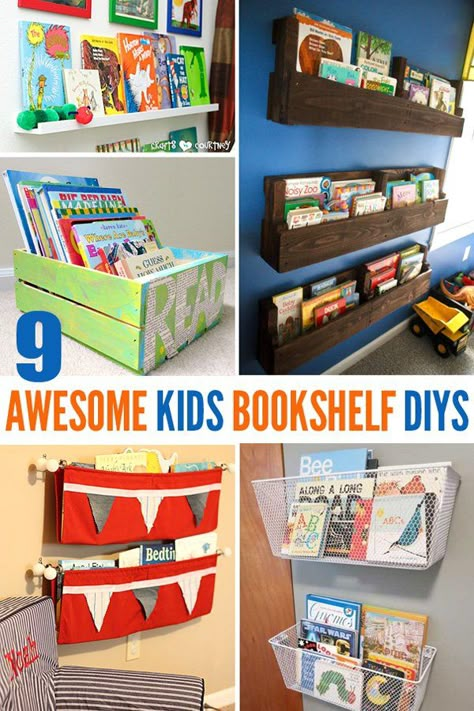 9 Awesome DIY Kids Bookshelves Great for playrooms and bedrooms. Diy Bookshelf Kids, Diy Bookcase, Kids Room Bookshelves, Bookcase Ideas, Diy Bookshelf, Room Bookshelf, Bookcase Diy, Wall Mounted Bookshelves, Dog House Diy