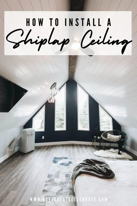 Shiplap A Frame Ceiling, Painted A Frame Ceiling, Shiplap Ceiling Attic Bedroom, Shiplap On Vaulted Ceiling, Shiplap Attic Ceiling, Vertical Shiplap Wall And Ceiling, Shiplap Slanted Ceiling, Lighting For Slanted Ceiling, A Frame Ceiling Ideas