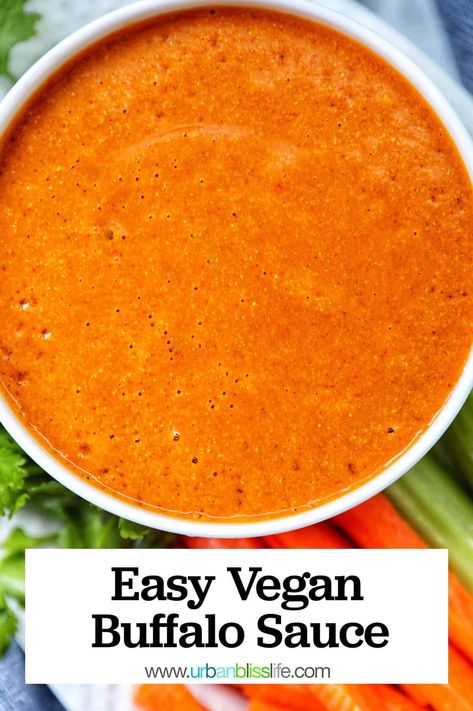 This easy Vegan Buffalo Sauce recipe is a delicious homemade dip that's perfect for Game Day, holidays, or any party. Get the recipe at UrbanBlissLife.com. Buffalo Dipping Sauce, Vegan Buffalo Sauce Recipe, Vegan Buffalo Wings, Vegan Dip Recipes, Vegan Buffalo Sauce, Buffalo Sauce Recipe, Homemade Dips, Homemade Buffalo Sauce, Best Appetizer Recipes