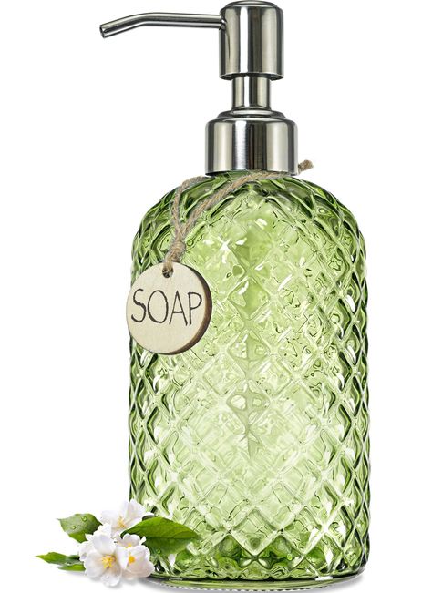 PRICES MAY VARY. Equally Elegant and Functional, Clear Glass Soap Dispenser Featuring Gem Patterned and Tea Green in color, Lovely Way to Adds a Farmhouse - Style Sink Side in Your Bathroom or Kitchen. Sizable Soap Dispenser Measuring 7.7” Height, 3.2” IN Diameter, Made of Premium Thick Glass Which Beautifully Houses a Generous 18 Fluid Ounces. Dishwasher Safe. Premium Soap Dispenser With Sturdy 304 Stainless Steel Pump, Which Bring You Long Lasting Brightness And Rust Proof, Great for Dispense Glass Soap Dispenser, Green Soap, Hand Soap Dispenser, Tea Green, Free Shapes, Green Bottle, Bathroom Soap Dispenser, Diamond Design, Soap Dispenser