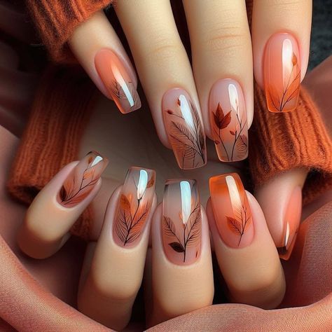 Nail Ideas 2024 Trend, Transparent Nails Design, Nail Orange, Transparent Nail Art, Glass Manicure, Nails Manicures, Almond Stiletto, Orange Nail Art, Glass Nails Art