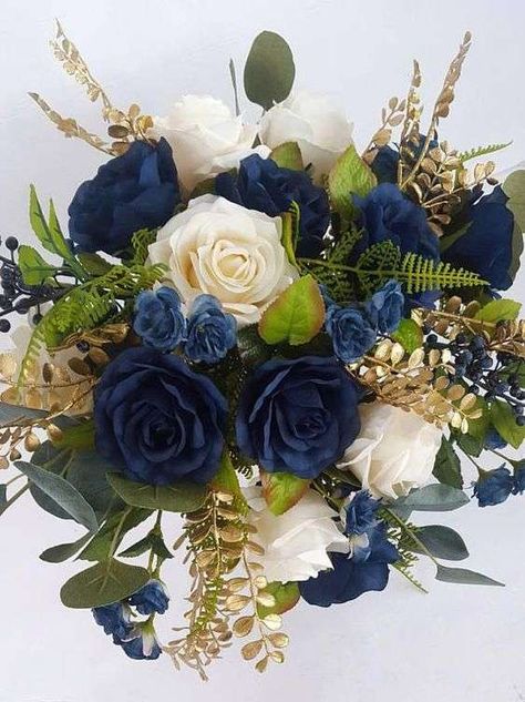 Bridal Bouquet Cascading, Gold Wedding Bouquets, Ivory Bridal Bouquet, Navy Blue And Gold Wedding, Gold Wedding Flowers, Blue Gold Wedding, Gold Bouquet, Starry Night Wedding, Bouquet Rose