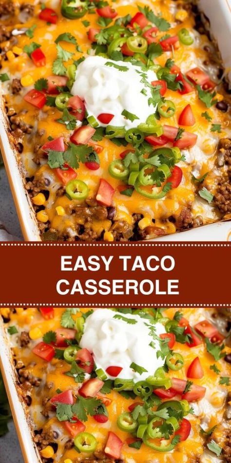 Try this Easy Taco Casserole recipe for a quick and flavorful dinner that's perfect for busy weeknights. Made with seasoned ground beef, zesty salsa, crunchy tortilla chips, and melted cheese, this Mexican-inspired casserole is a The Best Mexican Beef Casserole Ever, Taco Salad Bake Casserole, Deep Dish Taco Casserole, Stacked Tortilla Casserole, Beef Mexican Casserole Recipes, Taco Chip Casserole, Mexican Taco Bake Casserole, Taco Flavored Recipes, Easy Mexican Dishes With Ground Beef