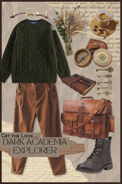 Get the Look: Dark Academia Explorer Explorer Aesthetic Outfit, Nature Aesthetic Outfit, Dark Academia Lookbook, Explorer Aesthetic, Explorer Outfit, Stuff I Need, Country Style Outfits, Adventure Outfit, Dark Nature Aesthetic