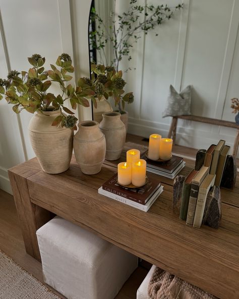 Entryway console table stills 🍂fall transition🍂 You are loving this entryway table refresh with my new oversized floor mirror and affordable stems 🍂 Comment SHOP and I’ll send you the links 🤍🤍 SAVE and SHARE this styling inspiration and FOLLOW @white.at.home for more daily home inspo and finds! #falldecor #fallfinds #entryway #consoletable #homedecor Fall Console Table Decor, Bedroom Console Table, Oversized Floor Mirror, House Aesthetics, Entry Console, Entry Way Table, Console Table Styling, Console Table Decorating, Table Decorating