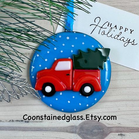 Fused Glass Red Truck Christmas Ornament, Holiday Decor, Glass Ornament, Christmas Tree Decoration, Winter Decor, Handmade Gift for Him by CoonStainedGlass on Etsy Fused Glass Christmas Ornaments, Glass Ornament Christmas Tree, Handmade Gift For Him, Truck Ornament, Handmade Gifts For Him, Train Ornament, Red Truck Christmas, Fused Glass Artwork, Fused Glass Ornaments