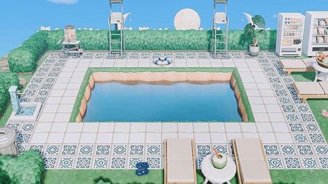 Animal Crossing New Horizons on Instagram: “I love this swimming pool design💧  White pool tiles: MA-9053-4024-9566 Blue pool tiles: MO-Q20Q-Y97W-V8W8  Created by @midnightisle_acnh on…” Animal Crossing House Ideas Exterior, Acnh Exterior House Ideas, Acnh House Ideas Exterior, Acnh Summer Island, Acnh House Exterior Ideas, Acnh Pool, Acnh Island Entrance Ideas, House Appearance, Pool Deck Design