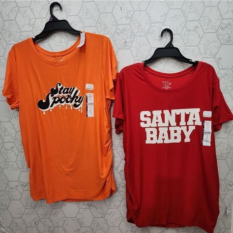 -Time And Tru Womens Maternity Orange "Stay Spooky" Tee -Time And Tru Womens Red Maternity Christmas "Santa Baby" Tee Yankees T Shirt, Pink Activewear, Stay Spooky, Blue Floral Top, Holiday Halloween, Leopard Print Jacket, Womens Maternity, Santa Baby, Light Blue Sweater