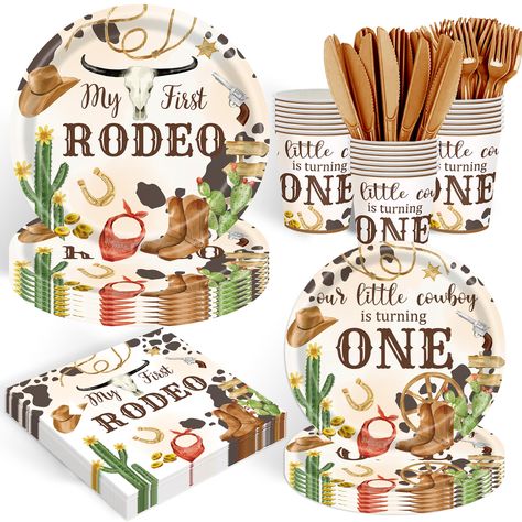 PRICES MAY VARY. 【Unique design】 The western wild cowboy tableware with classic cartoon images, bright prints and bright colors will create the most festive atmosphere for you and your guests. With its fashionable design and lovely characters, it will certainly be welcomed by children and adults! Make sure to meet their expectations! 【Serves 20 Guests】In Cowboy themed Party Packs,You will get ① 9inch Plate x20 ，② 7inch Plates x20，③ napkins x 20, ④ cups x 20, ⑤ knives x 20，⑥forks x 20 .Total 120P My First Rodeo Party, First Rodeo Party, One Bday, Cowboy First Birthday, 1st Rodeo, Rodeo Birthday Parties, Western Birthday Party, Rodeo Party, Bright Prints