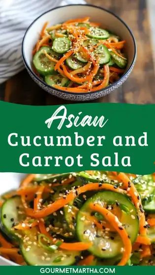 Looking for a light, refreshing, and healthy side dish? This Asian Cucumber and Carrot Salad is packed with crisp veggies and tangy flavors that will awaken your taste buds. It's the perfect combination of crunchy, sweet, and savory – an irresistible addition to any meal! Ready to cook? Click for the recipe #AsianSalad #HealthyRecipes #CucumberSalad #CarrotSalad #EasySideDish #SaladIdeas #HealthyEating #FreshFlavors #QuickRecipes #VegetarianDelight Asian Carrot Salad, Sweet Cucumber Salad, Cucumber Salad Asian, Thai Side Dishes, Cucumber Carrot Salad, Asian Cucumber Salad Recipe, Korean Cucumber Salad, Japanese Cucumber Salad, Sweet Carrots