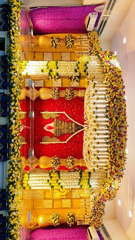 Marriage Hall Decoration Haldi Ideas Indian Weddings, Marriage Mandapam Decoration, Pelli Pandiri Decorations, Function Hall Decoration, Wedding Mandapam Decoration, Wedding Hall Decorations Indian, Marriage Stage Decoration Weddings, South Indian Wedding Stage Decoration, Mandapam Decoration Marriage