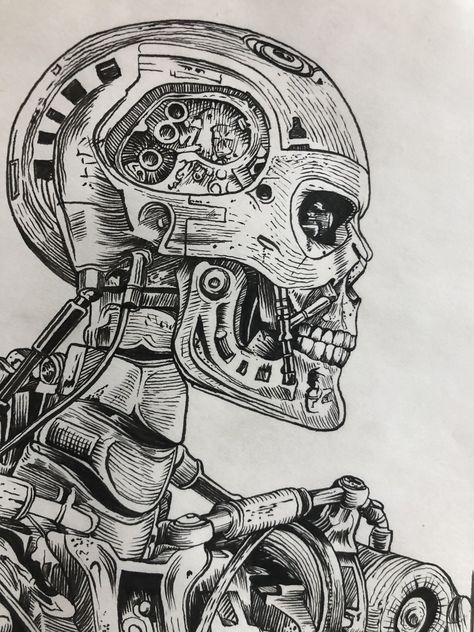 Steampunk Skull Drawing, Robot Skull Drawing, Terminator Illustration, Robot Drawing Sketches, Terminator Drawing, Skull Tattoo Drawing, Robotic Drawing, Terminator Tattoo, Terminator Skull