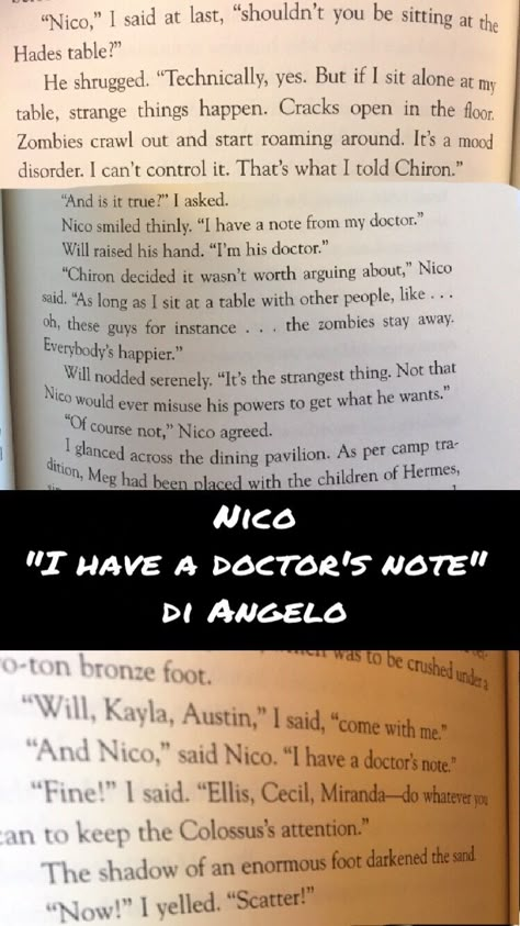 Probably one of my favorite Solangelo moments from the books, "I have a doctor's note" <3 Solangelo Doctors Orders, Solangelo Book Quotes, Solangelo Moments, Nico And Will Book Moments, Percabeth Moments Book, Solangelo Book Moments, Percabeth Book Moments, Zio Rick, Percy Jackson Ships