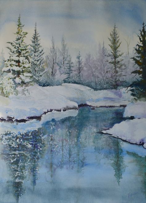 Winter Scene Paintings, Winter River, Colorado Wall Art, Winter Pastels, Mountains Forest, Winter Schnee, Painting Snow, Winter Watercolor, Winter Wall Art