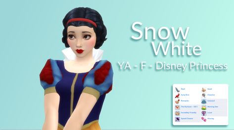 Sims 4 Snow White Cc, Sims Disney, Sims Traits, Disney Princess Challenge, Snow White Hair, Disney Princess Collection, Sims Challenge, Sims Characters, Disney Challenge