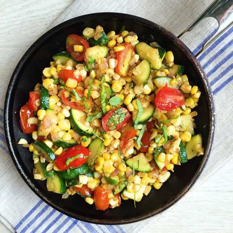 Summer Skillet: Corn, Zucchini, Tomato, and Basil Saute Zucchini And Tomato, Summer Side Dishes Recipes, Corn Zucchini, Veggie Skillet, Side Ideas, Easy Summer Side Dishes, Zucchini Corn, Zucchini Tomato, Summer Side Dishes