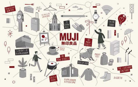 MUJI Map Mural – Illustrated Maps | Tom Woolley Illustration Muji Design, Muji Store, Japanese Elements, Map Mural, Japan Graphic Design, Muji Style, Illustrated Maps, Map Murals, Illustration Art Design