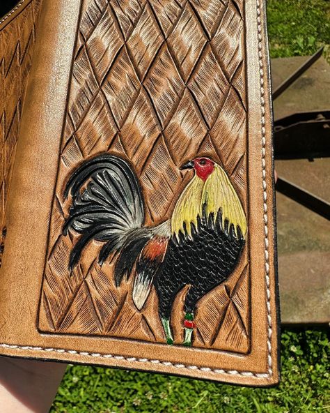 @rhett_2024 is ab to rock this roper wallet Order yours COMPLETELY CUSTOMIZABLE on the Etsy shop today!! #western #leather #leatherworkingtools #leathertools #leathertools #rooster #roper #roperwallet #wallet #billfold #cash #leatherwork #paint #art #artist Roper Wallet Tooling Pattern, Tooled Leather Roper Wallet, Elegant Hand Tooled Leather Wallets, Western Leather Wallet With Card Slots, Luxury Hand Tooled Brown Wallets, Leatherworking Tools, Custom Leather Work, Leather Workshop, Custom Leather