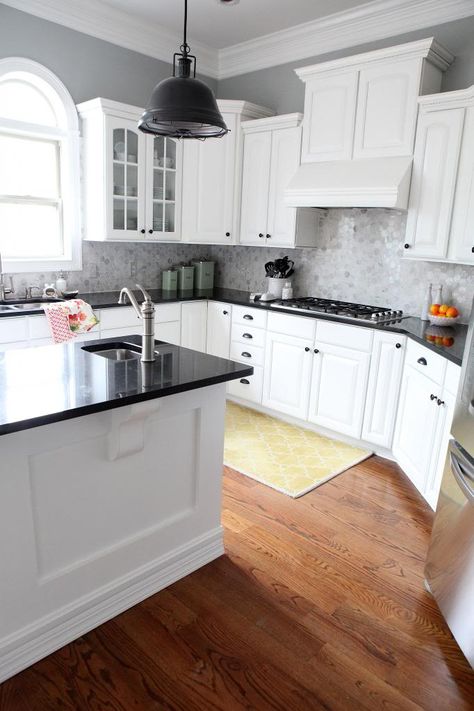 Kitchen Remodel Grey Walls, White Kitchen With Grey Walls, Kitchen Paint Colors With White Cabinets And Black Countertops, Kitchen Paint Colors With White Cabinets And Dark Counter Tops, White Kitchen Grey Walls, Kitchen Grey Walls, White Cabinets Black Countertops, Top Cabinets, Painted Island