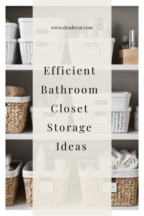 Efficiently organized bathroom closet shelves with wicker and white baskets holding toiletries and towels. Decorating Open Shelves In Bathroom, Organizing Bathroom Closet Storage, Open Shelf Bathroom Storage Ideas, Open Bathroom Shelving Storage Ideas, Bathroom Closet Without Doors, Linen Closet Towel Organization, Beauty Closet Organization, Bathroom Shelves Organization Ideas, Large Bathroom Closet Ideas