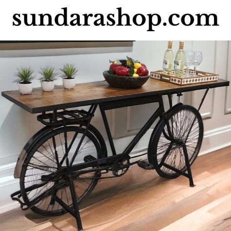 NEW IN! Rescued and reimagined - vintage bicycle console tables. Limited edition only - Shop online while stocks last! Sundara Furnishings - Furniture that tells a story. Planting a tree with every sale. #vintagestyle #vintagedecor #reneweddecor #consoletabledecor #consoletablestyling #uniquedesks #shoponline #shoplocal #shopsmallbuisness #freeshippingusa #plantatreewithus Bicycle Table Ideas, Bicycle Decor, Console Table Styling, Unique Desks, Console Table Decorating, Old Bicycle, Vintage Bicycles, Vintage Decor, Console Table