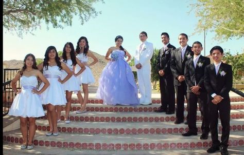 Lavender Quinceañera dress and her court. Just perfect. Lavender Quinceanera Dresses Damas, Purple Quinceanera Court Outfits, Lilac Quinceanera Court, Purple Quinceanera Court, Purple Quince Court, Quince Court Outfits Purple, Quinceanera Picture Ideas With Chambelanes, Quinceanera Party Photos, Quince Photoshoot Ideas With Court