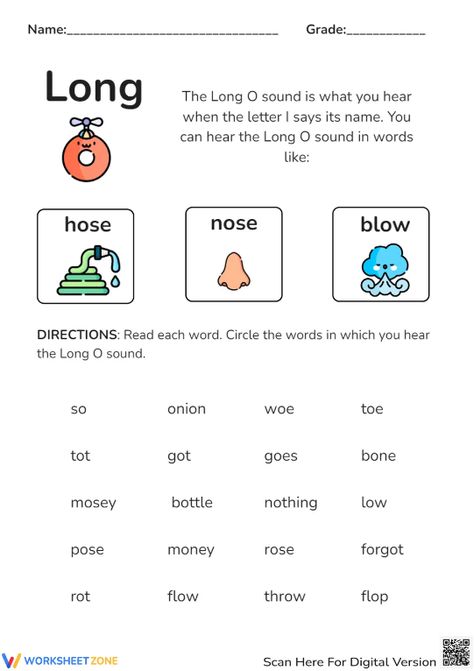 Without this worksheet, you will have to spend a longer time studying long O. Let's check it out! #longo #phonics #phonicswords #grammar #printables #worksheet #vowels #circling #identifying #letters #longowords #sounds #lettersounds #longo/shorto #osounds #ela #teachingmethod #wordlist #pictures #pdf #freeprintables #kids #homeschooling Long O Worksheets, O Words, Long Vowels, Phonics Words, Teaching Phonics, Phonics Worksheets, Word List, Letter Sounds, Grade 1