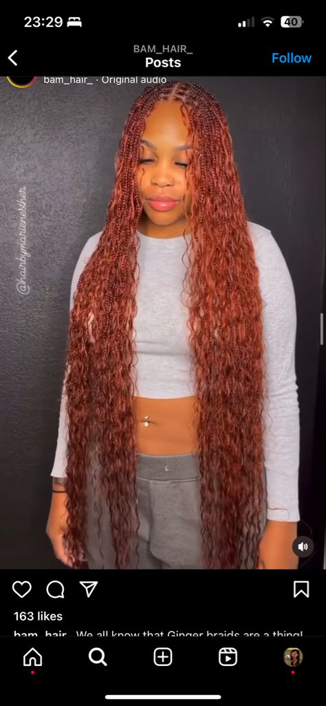 Ginger Ghana Weaving Braids, Colour 350 Knotless Braids With Curls, Auburn Bohemian Knotless Braids, Cooper Knotless Braids, Ginger Boho Knotless Braids Black Roots, Coloured Boho Knotless Braids, Color 350 Boho Braids, 350 Color Braids, 350 Boho Knotless Braids