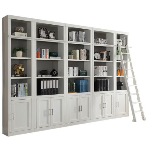 Small Library Wall, Library Wall With Ladder, Small Library, Coastal Office, Home Library Rooms, Bookcase Wall Unit, Home Office Library, Bookcases For Sale, Library Ladder