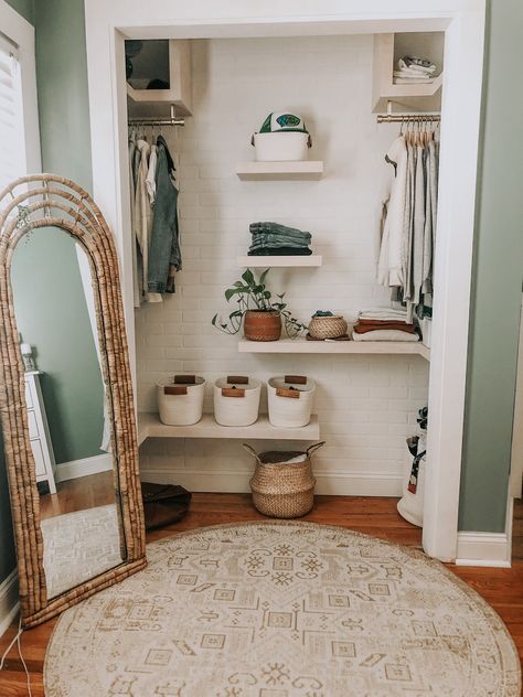 Open Closet With Shelves, Boho Bedroom Closet Ideas, Open Door Closet In Bedroom, Boho Open Closet Ideas, Open Concept Closet In Bathroom, Open Concept Bedroom Closet, Open Concept Closet Ideas, Boho Closet Decor, Open Closet Concept Bedrooms