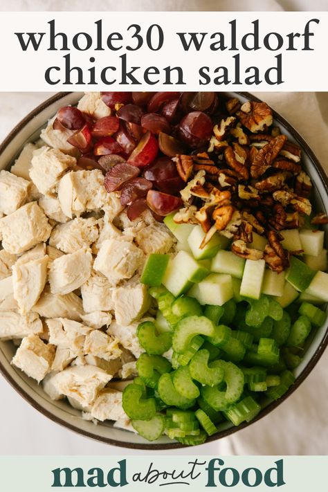 This Whole30 Waldorf Chicken Salad is a classic chicken salad recipe that is made with simple and healthy Whole30 approved ingredients. Prep this healthy chicken salad in less than 30 minutes and enjoy for lunch all week long! Whole 30 Chicken Salad With Grapes, Whole 30 Chicken Salad Recipe, Whole 30 High Protein Snacks, Whole 30 Travel Food, Whole 30 Before And After, Heart Healthy Chicken Salad, Whole 30 Lunches For Work, Whole 30 Recipes Lunch, Waldorf Chicken Salad Recipe