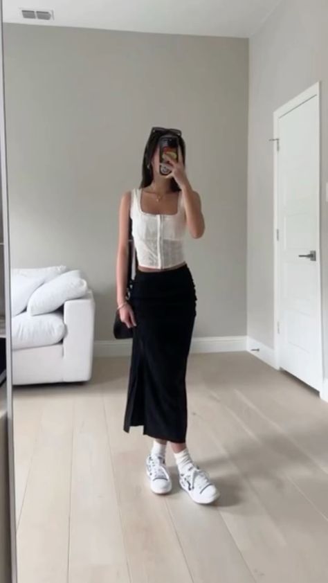 Black Dress White Undershirt, Korea Clubbing Outfit, Outfit With Sneakers Summer, White Top And Black Pants Outfit, Work Function Outfit, Japan Outfit Inspo Summer, Black Skirt Long Outfit, Long Skirt Black Outfits, Boba Date Outfit