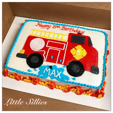 A fire truck sheet cake Fire Truck Birthday Sheet Cake, Fire Truck First Birthday Cake, Firetruck 2nd Birthday Cake, Firefighter Sheet Cake, Fire Truck Sheet Cake, Fire Truck Cakes For Boys, Fire Truck Birthday Cake, Firetruck Birthday Cake, Fire Truck Cake