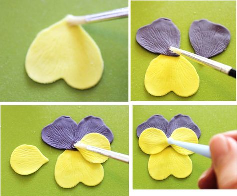 Tutorial / how to /DIY: Learn how to make a pansy from fondant or gum paste. You can use the pansies for cupcakes, wedding cakes, party cakes with fondant. Polymer Clay Pansy, Polymer Clay Pansy Tutorial, Diy Fondant Flowers, Pansy Cake, How To Make Fondant Flowers, Sugar Paste Flowers, Fondant Flower Tutorial, Diy Wedding Cake, Fondant Decorations