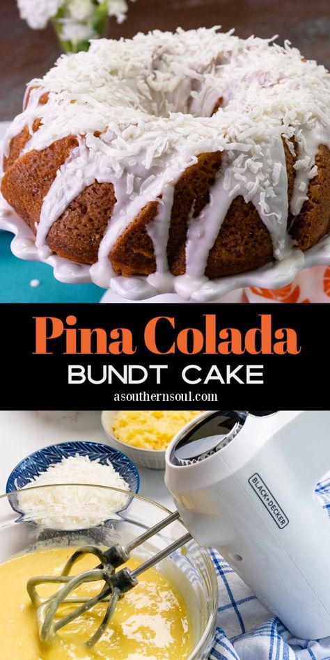 Pina Colada Bundt Cake, Pina Colada Cake Recipe, Pina Colada Cake, Apple Cream Cheese, A Southern Soul, Pineapple And Coconut, Boxed Cake, Vanilla Pudding Mix, Box Cake Mix