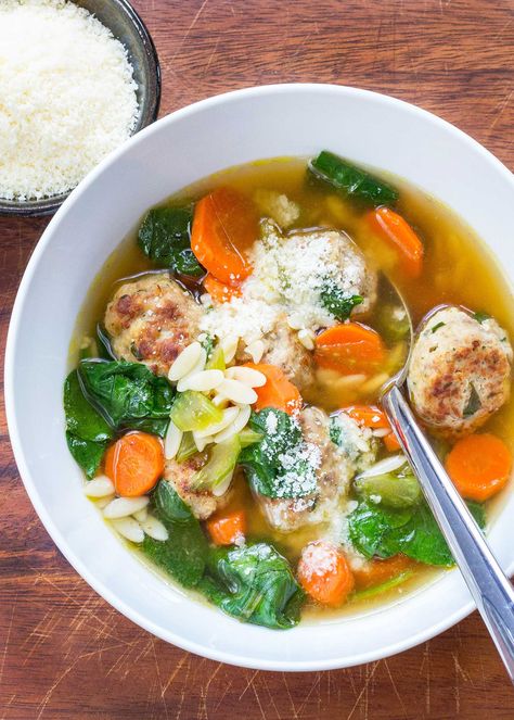 Turkey meatballs in an easy soup with spinach and orzo! Make and freeze the meatballs for a quick weeknight meal whenever you need one! Spinach And Orzo, Turkey Meatball Soup, Soup With Spinach, Meatball Soup Recipes, Turkey Meatball, Orzo Recipes, Turkey Breast Recipe, Meatball Soup, Wedding Soup