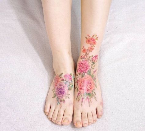 watercolor tattoos pretty flower dainty Aro Tattoo Colorful Flower Tattoo, Watercolour Tattoos, Korean Tattoo Artist, Korean Tattoos, Delicate Tattoo, Tatuaje A Color, Floral Tattoo Design, Painting Tattoo, Tattoo Girls