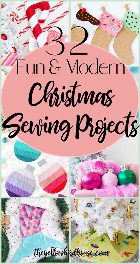 Make it a modern Christmas with these 32 Modern Christmas Sewing Projects! Fun, colourful and non-traditional sewing ideas to make the festive season a little more up to date. Easy Xmas sewing projects to give as gifts or to decorate your home. Bright colours and modern designs will level-up your Christmas crafting this year. Unique Christmas sewing crafts that are full of personality! Christmas Sewing Crafts, Diy Christmas Quilt, Teen Sewing Projects, Christmas Diy Sewing, Modern Christmas Stocking, Diy Christmas Tree Skirt, Sewn Christmas Ornaments, Christmas Decorations Sewing, Sewing Christmas Gifts