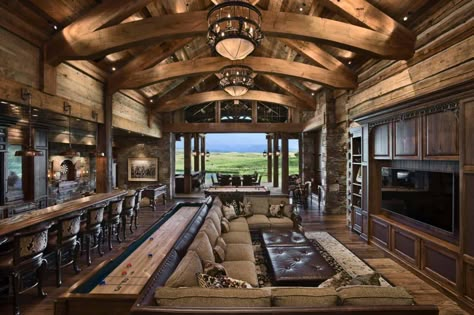 Shuffle Board Table, Beam Ceilings, Rustic Mountain Homes, Shuffle Board, Log Cabin Homes, Mountain Homes, Rustic Living, The Basement, Mountain Home