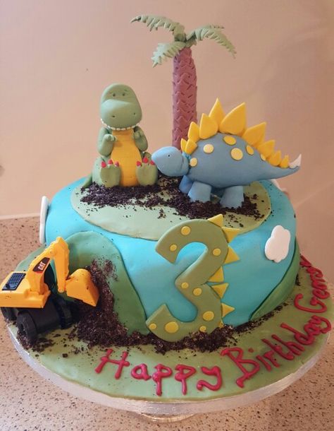 Dinosaur/digger cake Digger Party, Digger Cake, Digger Birthday, Truck Birthday Cakes, Construction Cake, Dino Cake, Truck Cakes, 3rd Birthday Cakes, 2 Birthday Cake