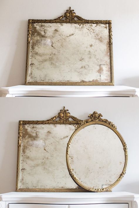 DIY Anthro style antique mirrors Mirror Spray Paint, Antique Mirror Diy, French Mirrors, French Style Mirrors, Vintage Style Mirror, Anthro Style, Distressed Mirror, Old Mirrors, Mirror Makeover