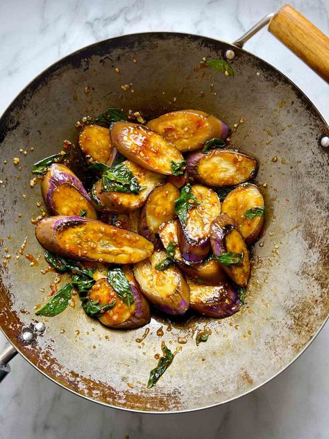 Thai Basil Eggplant Stir-fry Thai Basil Eggplant Recipe, Basil Eggplant, Thai Basil Recipes, Eggplant Stir Fry, Stir Fry With Egg, Thai Eggplant, Soy Glaze, Thai Street Food Recipes, Summer Plant