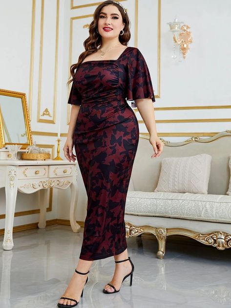 Satin Dresses Plus Size, Vestidos Curvy, Dress For Big Size Woman, Split Thigh Dress, Modest Dresses Fashion, Butterfly Sleeve Dress, Big Size Dress, Classy Gowns, African Print Dress Ankara